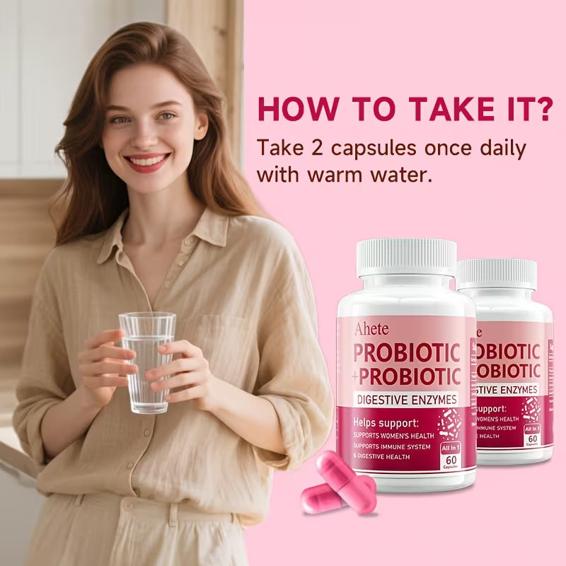 Woman holding a glass of water with Ahene Probiotic bottles on a pink background