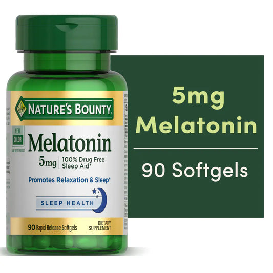 Nature's Bounty Melatonin supplement bottle with green label on a white background