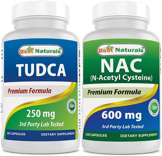 Two bottles of Best Naturals dietary supplements, TUDCA and NAC, on a white background.