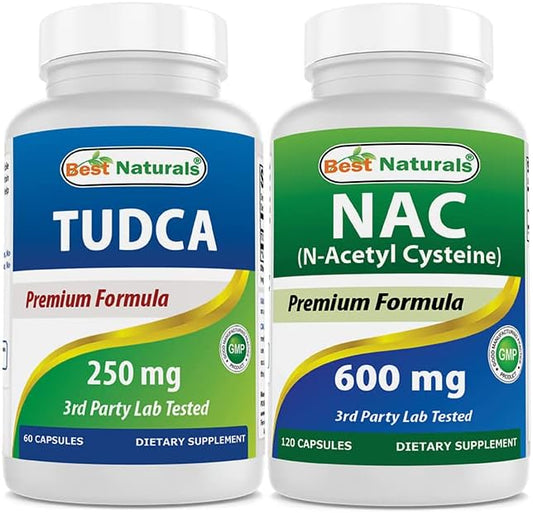 Two bottles of Best Naturals dietary supplements, TUDCA and NAC, on a white background.