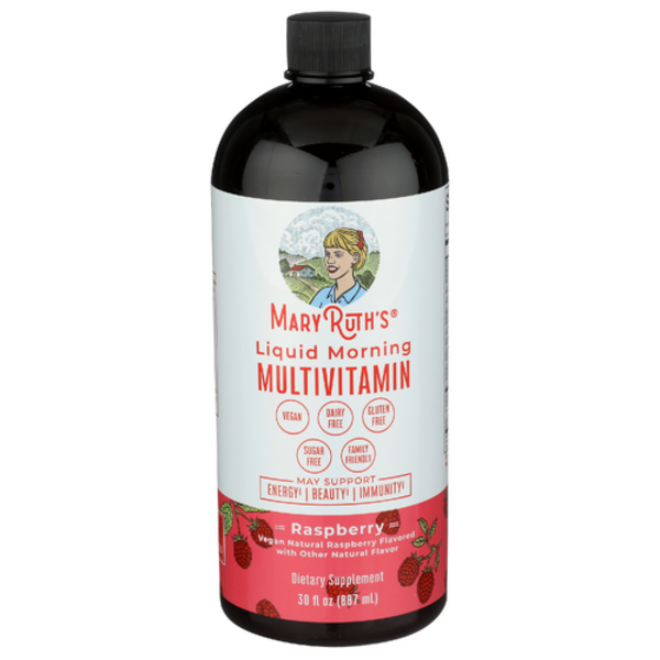 Mary ROTH's Liquid Morning Multivitamin bottle with raspberry flavor on a white background