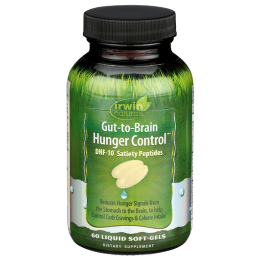 Supplement bottle labeled 'Gut-to-Brain Hunger Control' by Irwin Naturals on a white background
