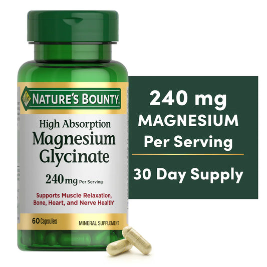Nature's Bounty High Absorption Magnesium Glycinate supplement bottle with capsules on a white background
