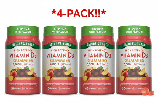 Four bottles of Nature's Truth Vitamin D3 Gummies on a white background with '4-Pack!' text.