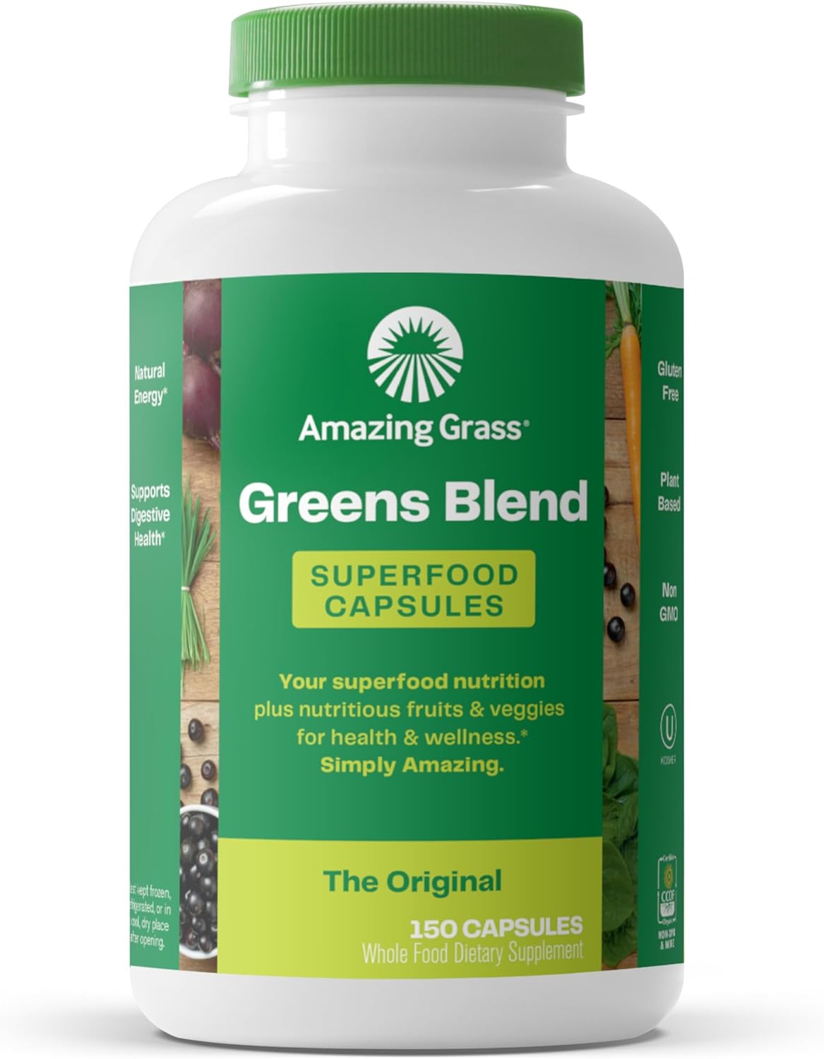 Amazing Grass Greens Blend superfood capsules bottle on a white background