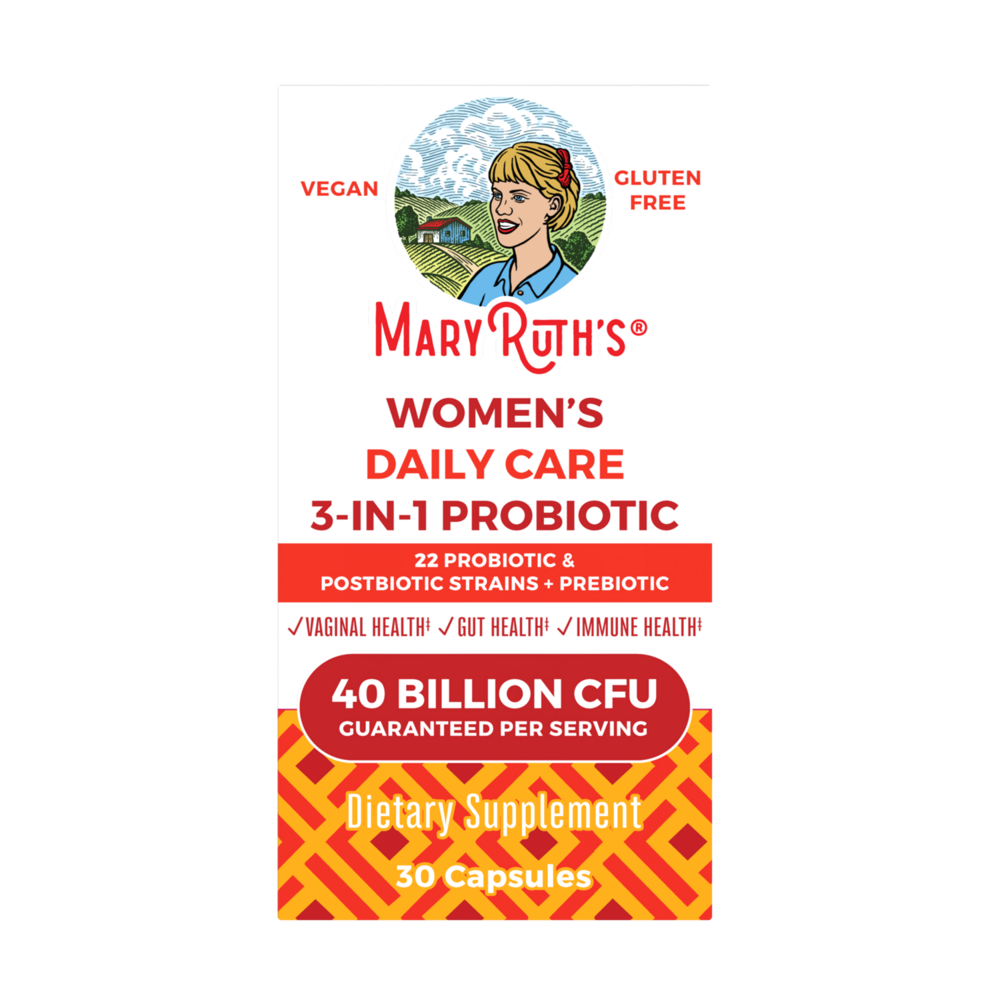 Mary Ruth's Women's Daily Care 3-in-1 Probiotic supplement packaging on a white background