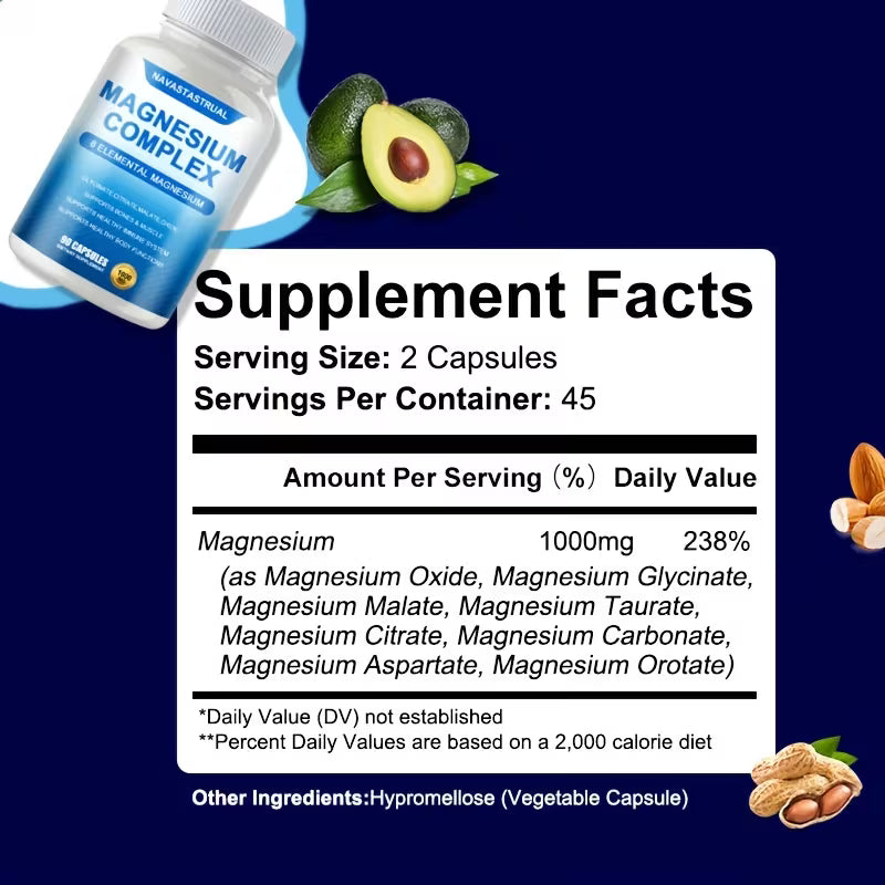 Supplement facts label for magnesium complex with an avocado and almonds on a blue background