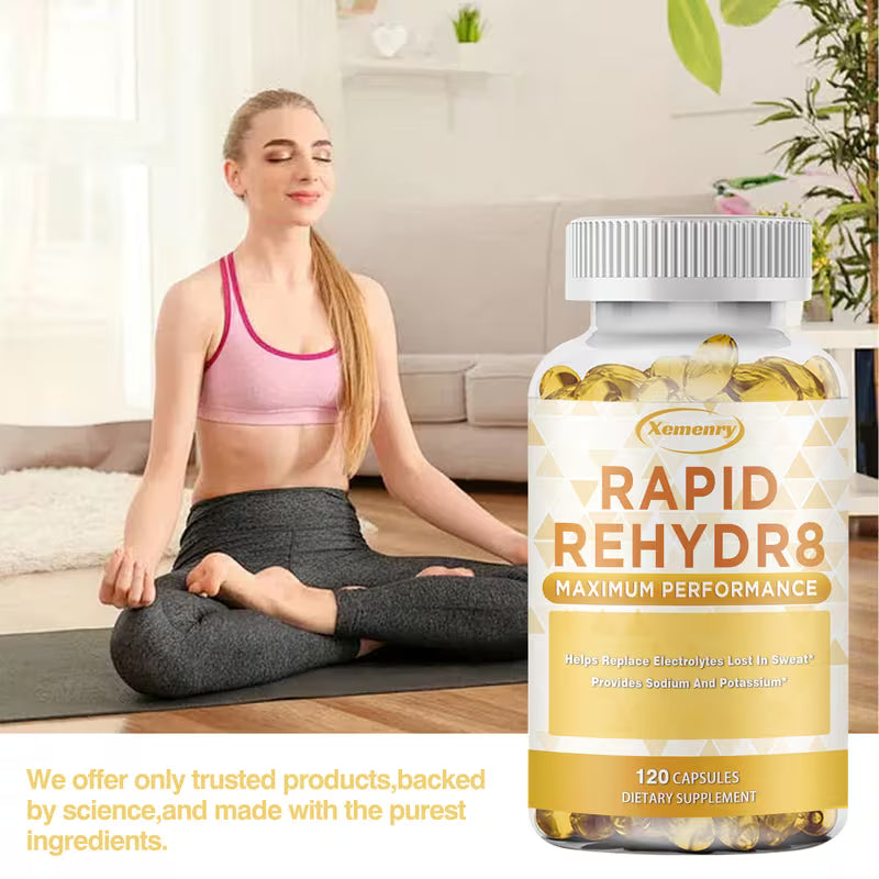 Woman in workout attire sitting on a yoga mat with a supplement bottle labeled 'Rapid Rehydr8' in the foreground.