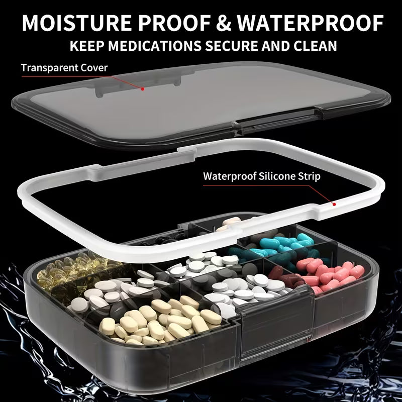 Medication organizer with waterproof silicone strip and transparent cover, displaying various pills.