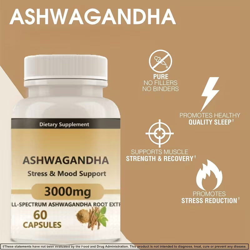 Ashwagandha Capsules 3000mg – Stress Relief & Mood Support | 60 Ct Peaceful Pleasures