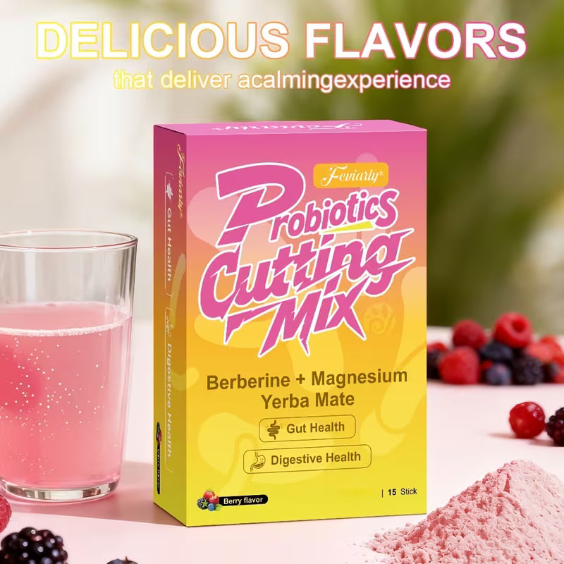 Probiotics Cutting Mix packaging with a glass of pink drink and berries on a blurred nature background