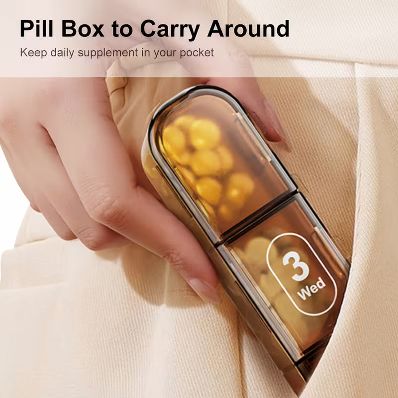 Pill box with compartments labeled for different days, held by a hand against a light background.