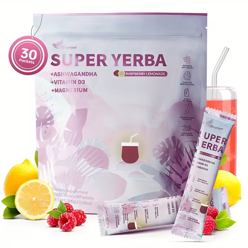 Super Yerba supplement package with lemon, raspberry, and a glass of juice on a white background