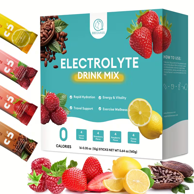 Electrolyte drink mix packaging with fruit images and product sticks on a white background