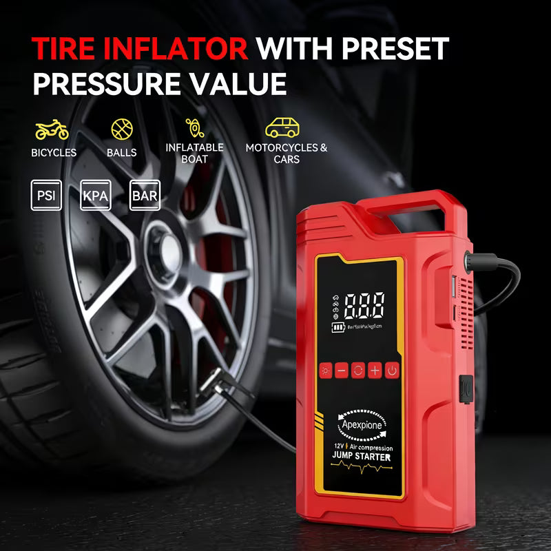 Tire inflator with preset pressure value displayed next to a tire on a dark background.