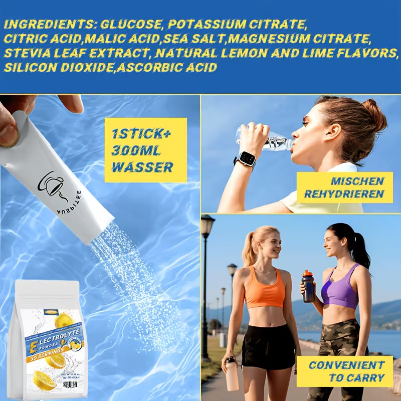 Product packaging with water being poured, people drinking water outdoors, and product details on a blue background.