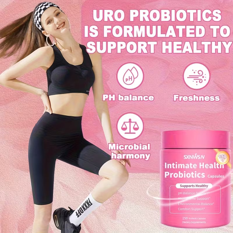 Woman in athletic wear with SKIN&N Intimate Health Probiotics on a pink background
