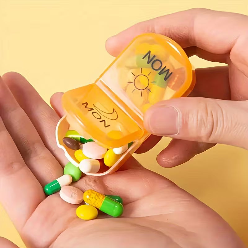 Hand holding a small orange 'NOW' pill organizer with various colorful pills on a yellow background