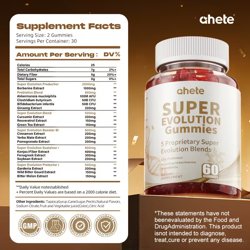 Super Evolution Gummies supplement with label and branding on a brown background