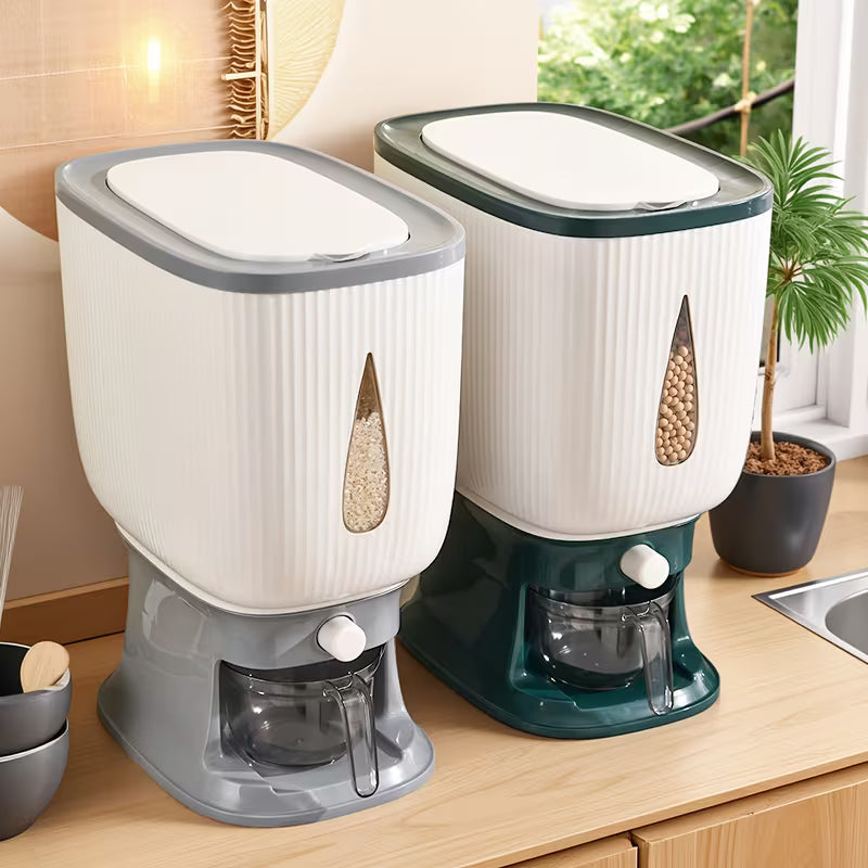 Two pet feeders on a kitchen counter with a window and plant in the background.