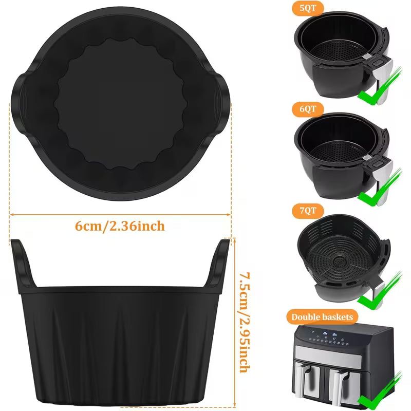 Black air fryer basket with dimensions and features highlighted on a white background