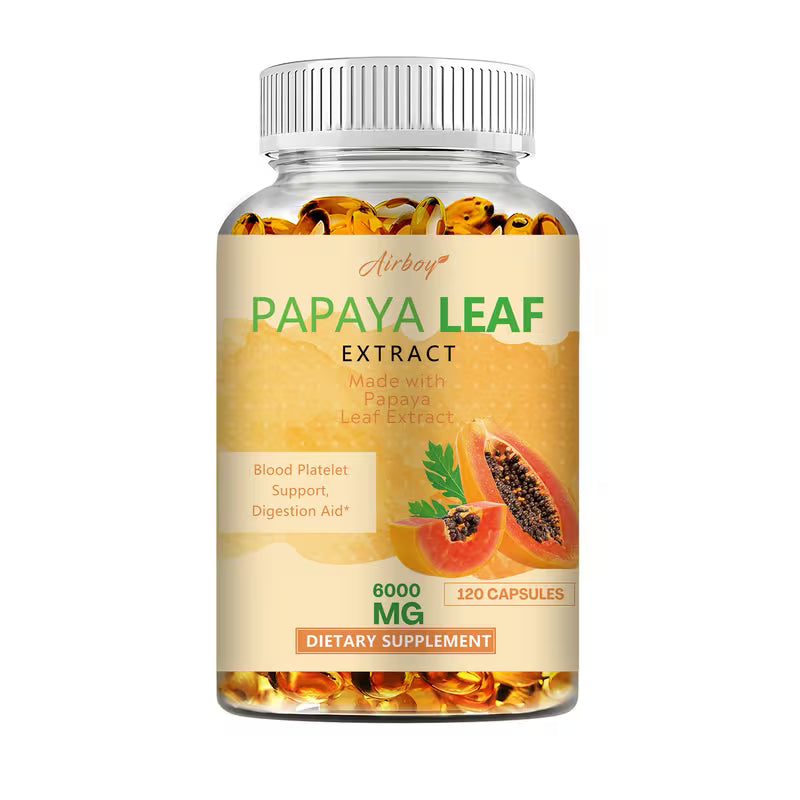 Supplement bottle labeled 'Papaya Leaf Extract' with a white background