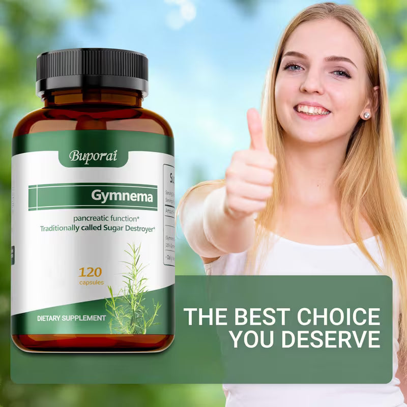 Buporai Gymnema supplement bottle with a woman giving a thumbs up against a blurred green background