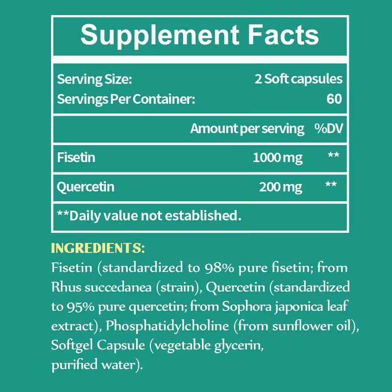 Supplement facts label with Fisetin and Quercetin on a green background