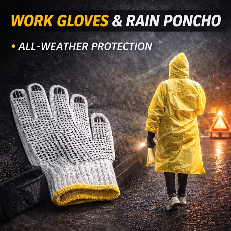 Person wearing a yellow rain poncho walking on a wet road with a large work glove displayed in front.