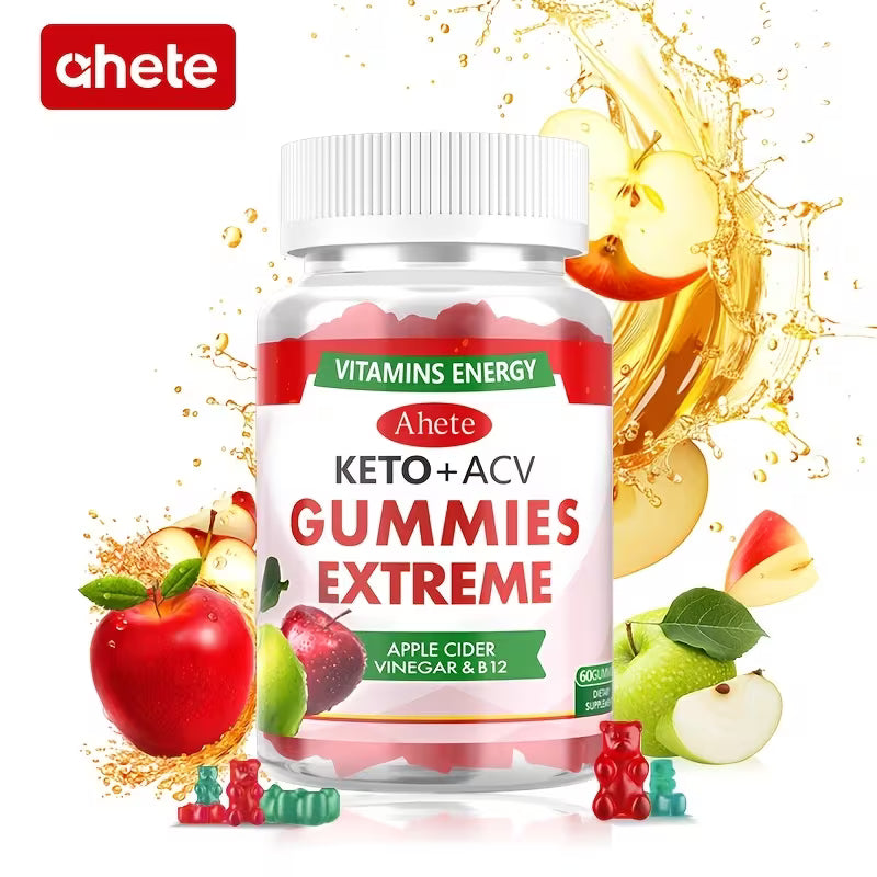 Bottle of Ahete Keto + ACV Gummies Extreme with apples and gummy bears on a white background