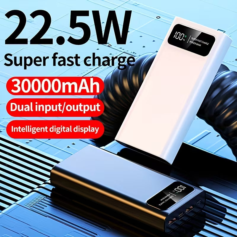 Power bank with specifications on a blue and black background