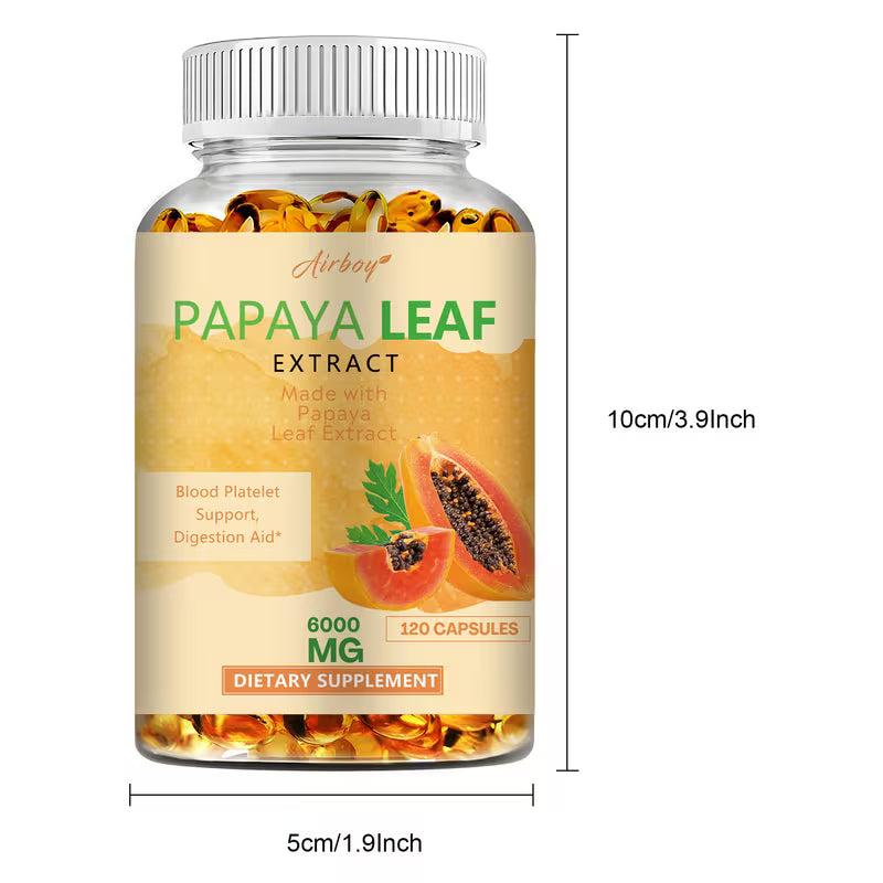 Supplement bottle labeled 'Papaya Leaf Extract' with measurements on a white background