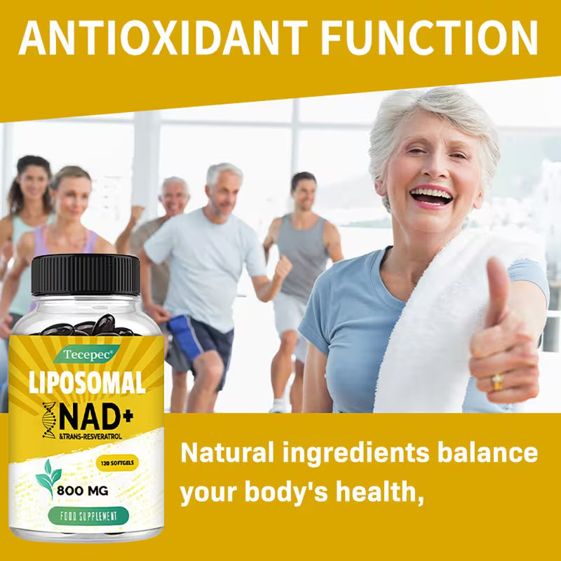 Supplement bottle with 'Liposomal NAD+' label, people exercising in the background, and text about antioxidant function.