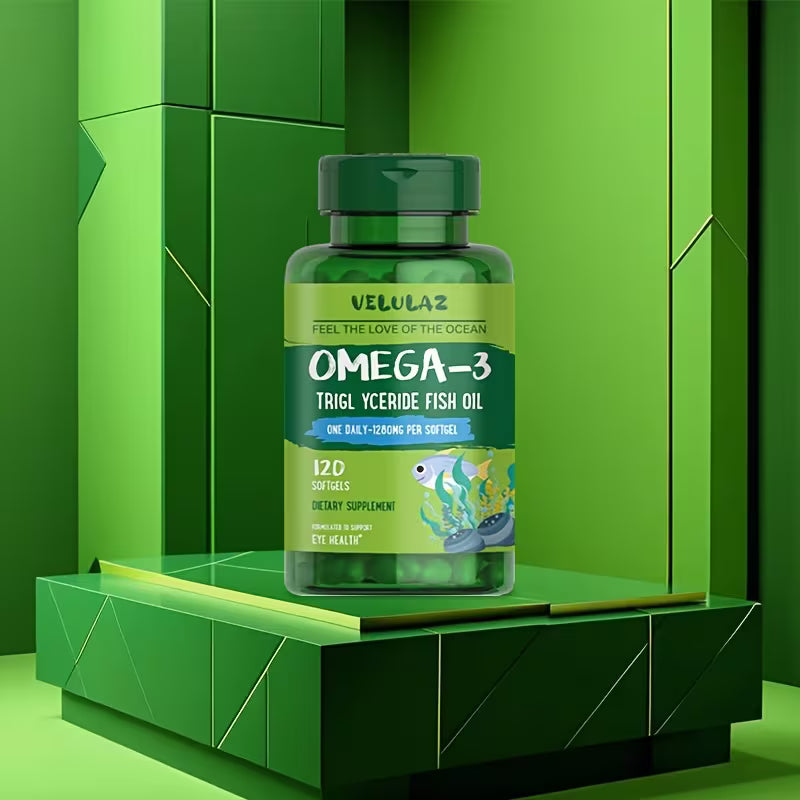 Velula Omega-3 fish oil supplement bottle on a green geometric background