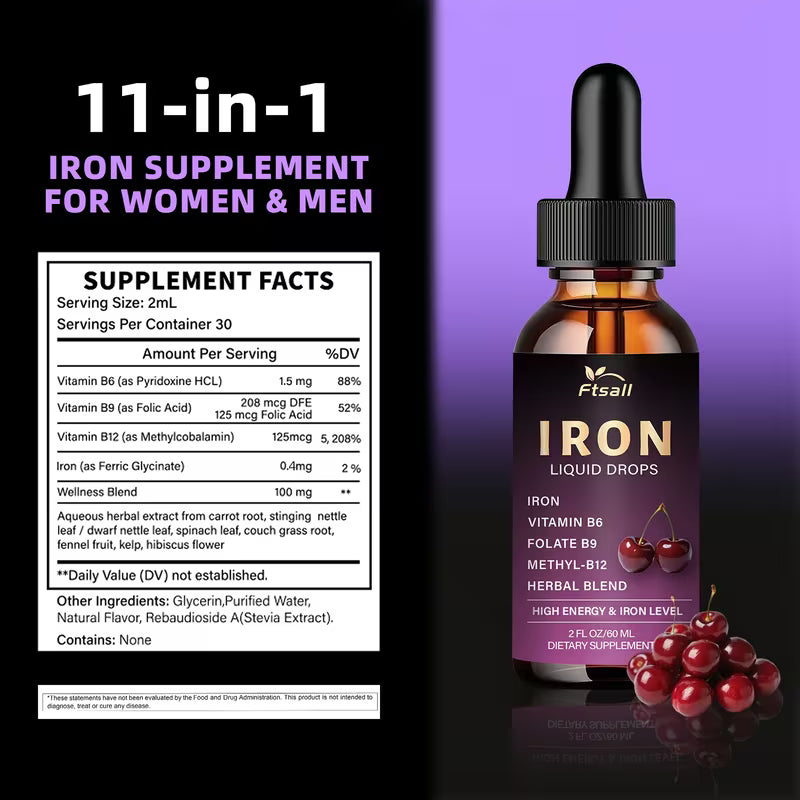 Iron supplement bottle with dropper labeled 'Fitsall' on a purple background, featuring supplement facts.