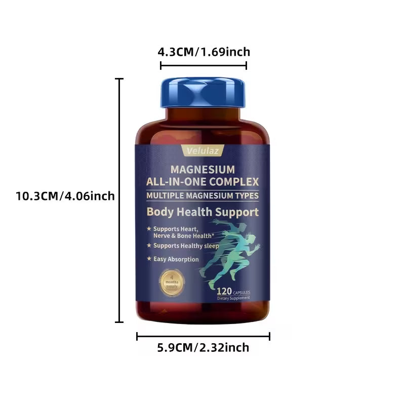 Bottle of magnesium supplement with dimensions labeled on a white background