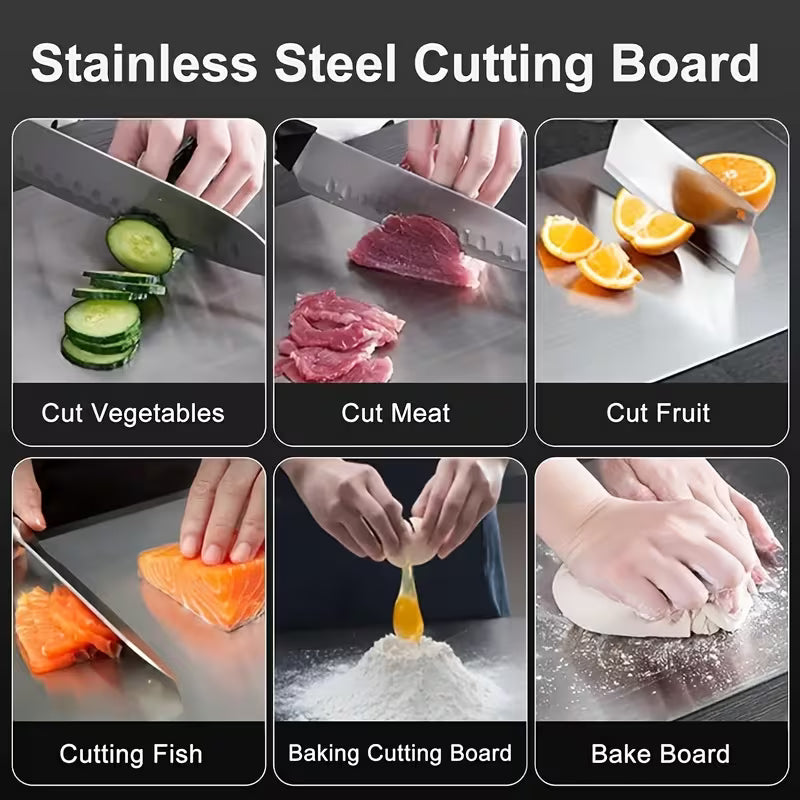 Stainless steel cutting board used for various kitchen tasks including cutting vegetables, meat, fruit, fish, baking, and baking.