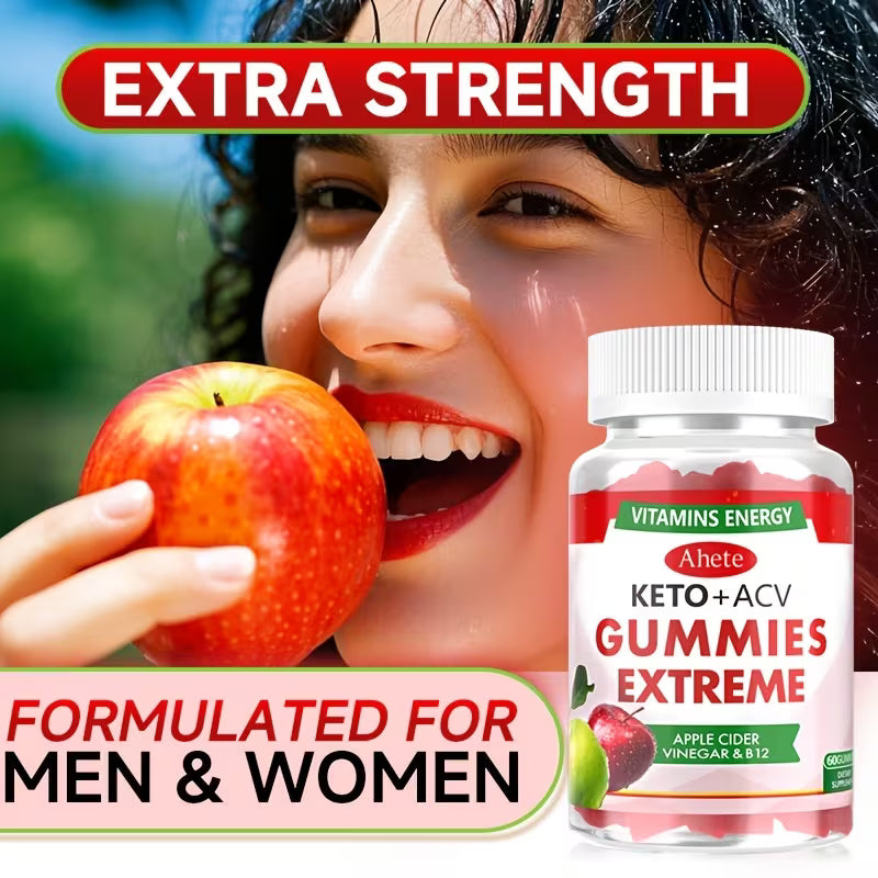 Keto+ACV Gummies Extreme supplement bottle with a woman holding an apple, formulated for men and women.