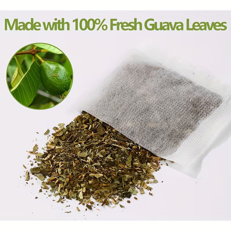 Tea bag with dried guava leaves and a close-up of guava leaves on a white background.