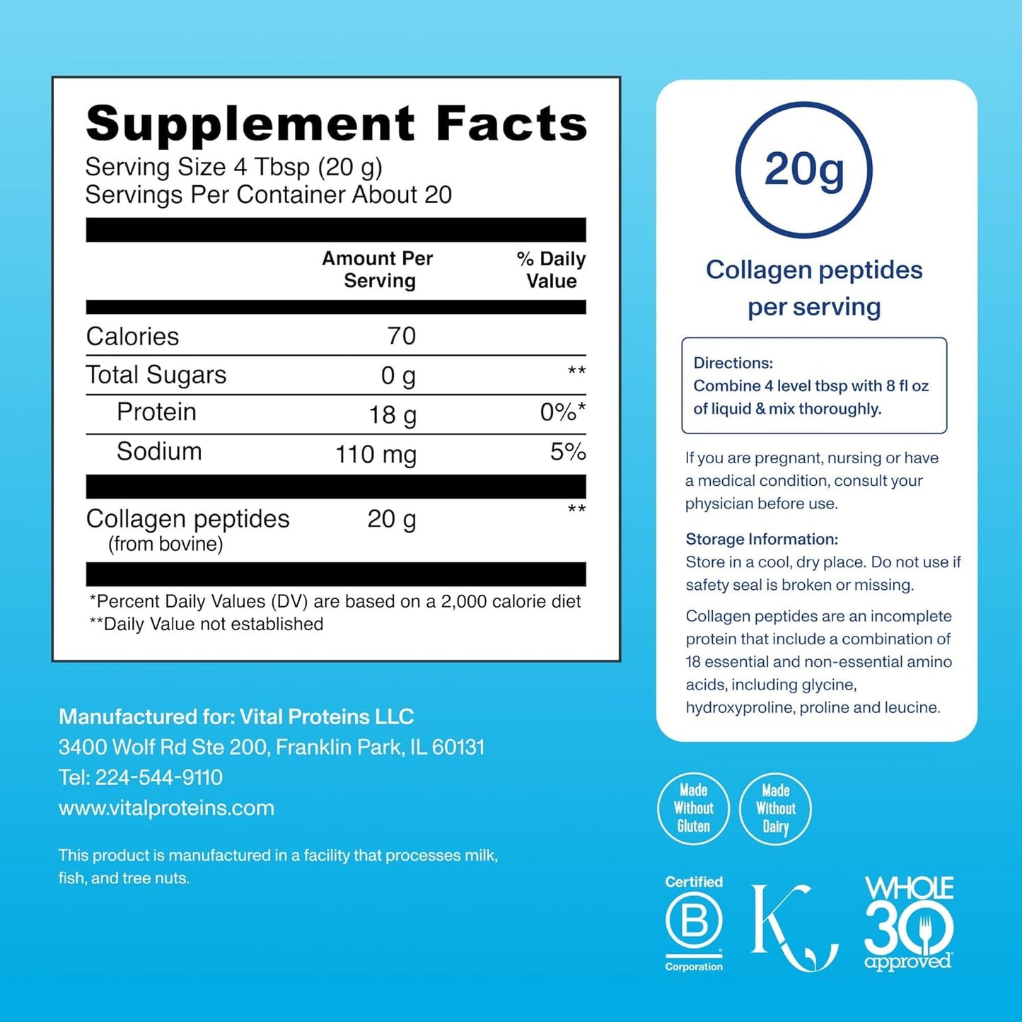 Supplement facts label with collagen peptides on a blue background