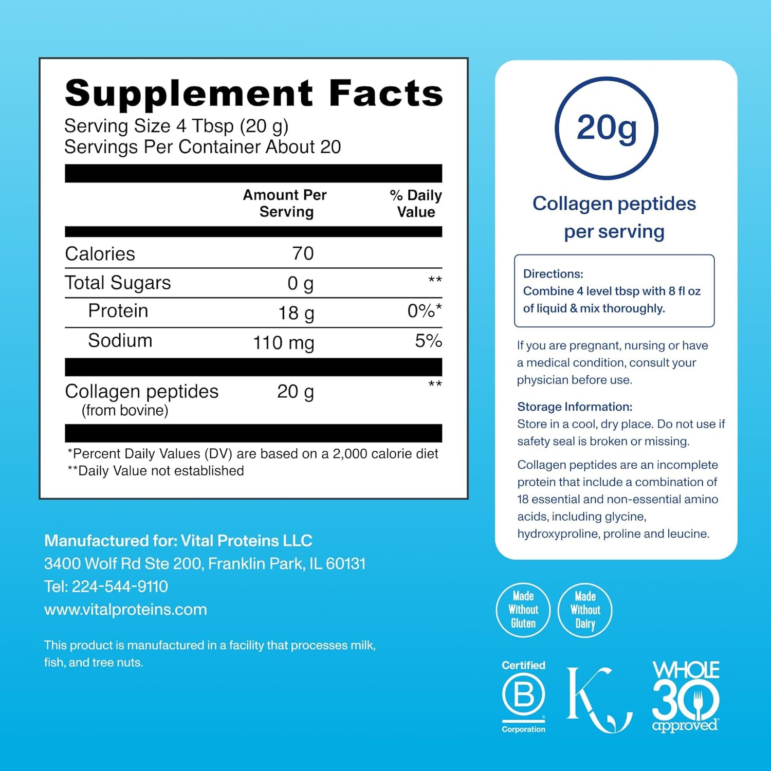 Supplement facts label with collagen peptides on a blue background