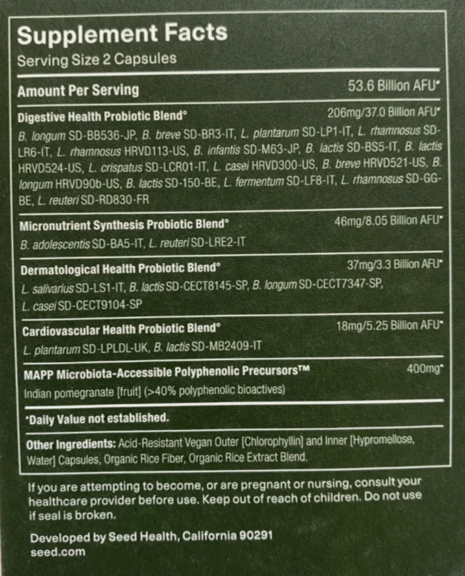 Supplement facts label with detailed nutritional information on a green background