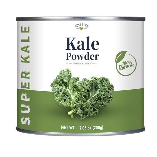 Can of Super Kale Powder with green label and kale image on a white background