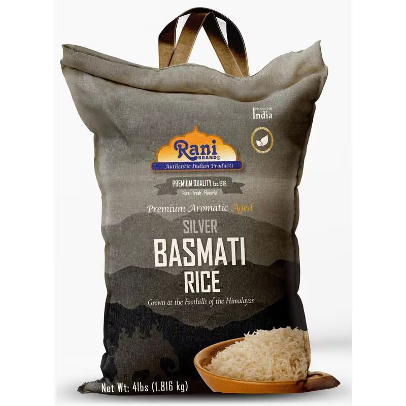 Bag of Rani Silver Basmati Rice with a small bowl of rice on a white background