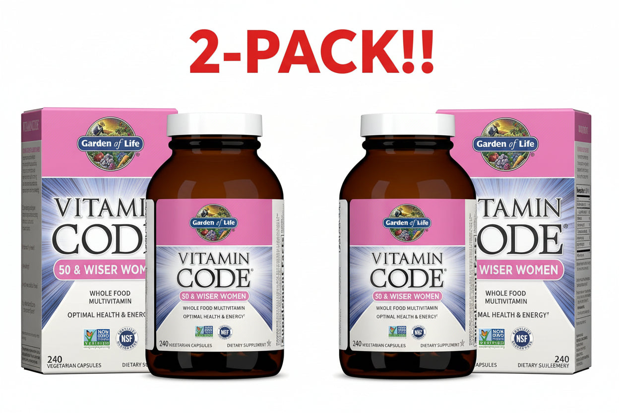Two bottles of Garden of Life Vitamin Code Women's 50 & Over Multi (240 capsules each) displayed together, clearly promoting the "Double Pack" and "50 & Wiser" claims.