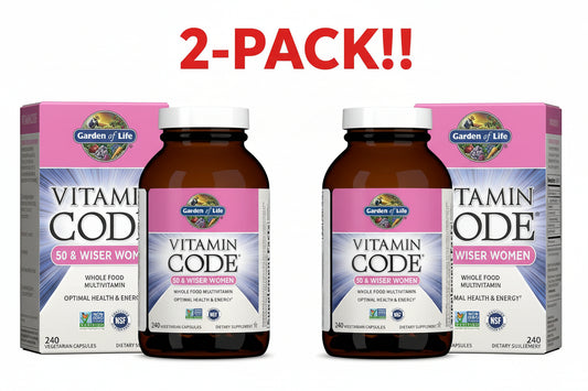 Two bottles of Garden of Life Vitamin Code Women's 50 & Over Multi (240 capsules each) displayed together, clearly promoting the "Double Pack" and "50 & Wiser" claims.