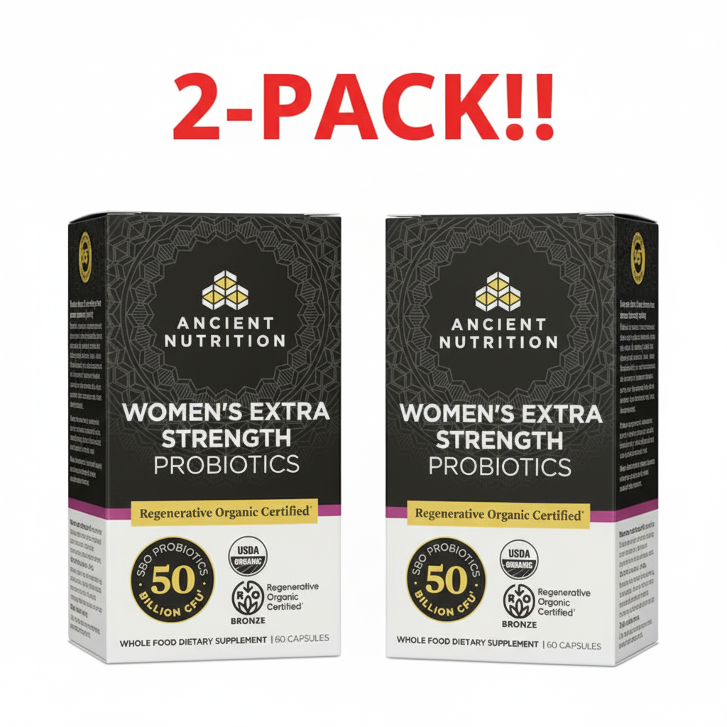 Two Ancient Nutrition Organic Women's Extra Strength Probiotics 60 count bottles displayed side-by-side, clearly indicating "Double Pack" or "2-Pack Bundle," emphasizing the "50 Billion CFU" and "SBO Probiotics" claims.