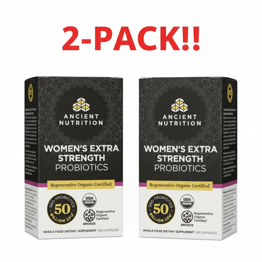 Two Ancient Nutrition Organic Women's Extra Strength Probiotics 60 count bottles displayed side-by-side, clearly indicating "Double Pack" or "2-Pack Bundle," emphasizing the "50 Billion CFU" and "SBO Probiotics" claims.
