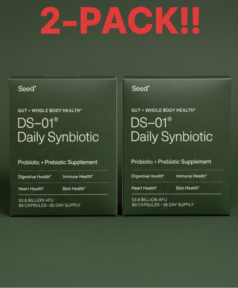 Two boxes or jars of SEED DS-01 Daily Synbiotic side-by-side, clearly labeled "Double Pack | 120 Capsules," emphasizing the 24 strains and 2-Month Supply.