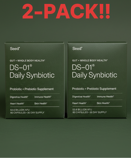 Two boxes or jars of SEED DS-01 Daily Synbiotic side-by-side, clearly labeled "Double Pack | 120 Capsules," emphasizing the 24 strains and 2-Month Supply.